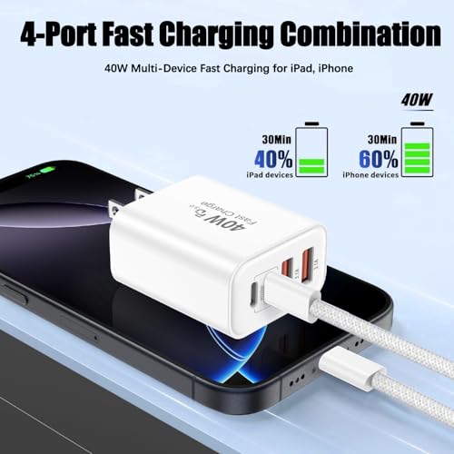 Image of iPhone 17 Charger Fast Charging,4-Port USB C Charger Block 2Pack 40W Apple Charger with 10FT USB C to C Woven Braid Cable Cord for Apple iPhone 17e /17 Pro Max /17 Pro /17 /Air /16e /16 Pro Max /16Plus /15