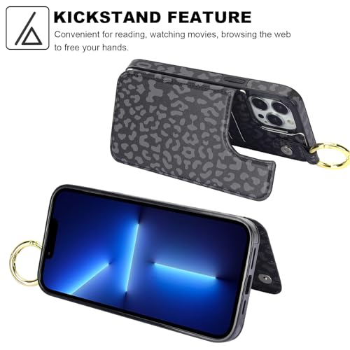 Image of HAOPINSH for iPhone 13 Pro Max Wallet Case with Card Holder, Black Leopard Cheetah Print Back Flip Folio PU Leather Kickstand Card Slots Case, Finger Grip Ring Double Magnetic Cover 6.7 inch