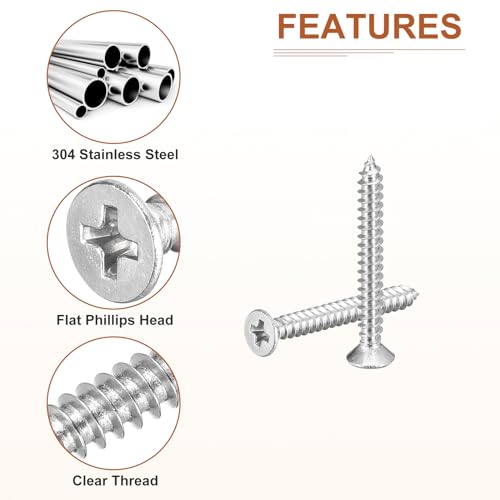 Image of DTGN 100Pcs #4x1 Flat Head Wood Screws, 304 Stainless Steel Phillips Self Tapping Screws - Good for Woodworking, Furniture - Silver