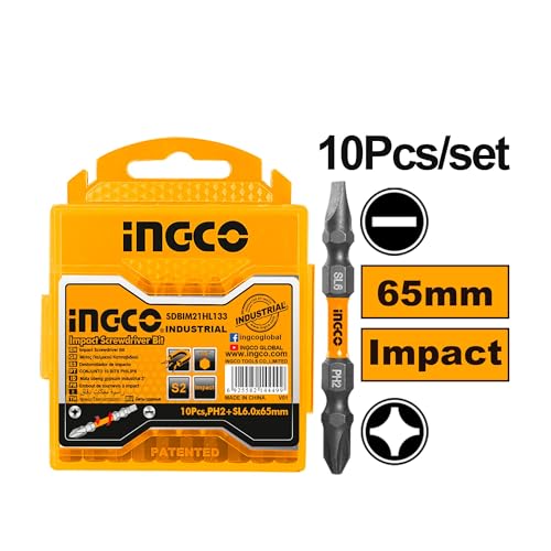 Image of INGCO Impact Screwdriver Bit, PH2+SL 6.0 * 1.0 65mm, 10 PCS PACK, S2 Industrial Steel, Black surface with magnet