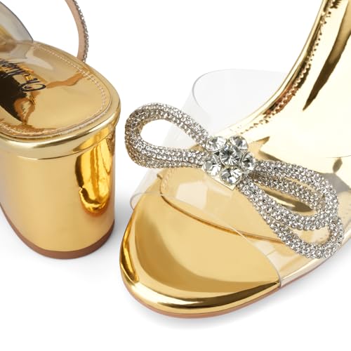 Oh Mispares Women's Clear Heels Double Bowknots Crystal Sandals Round Open Toe Rhinestone Transparent Chunky Bow Heels Gold Ankle Strap Sandal Shoes 6