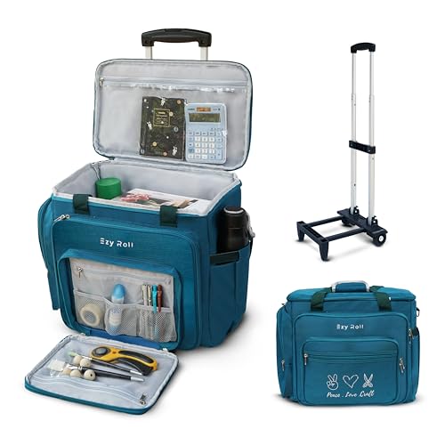 Ezy Roll Large Craft Bag With Detachable Wheels - Water Resistant Storage Organizer, Teacher Tote, Work Bag, Sewing Machine Case - Blue