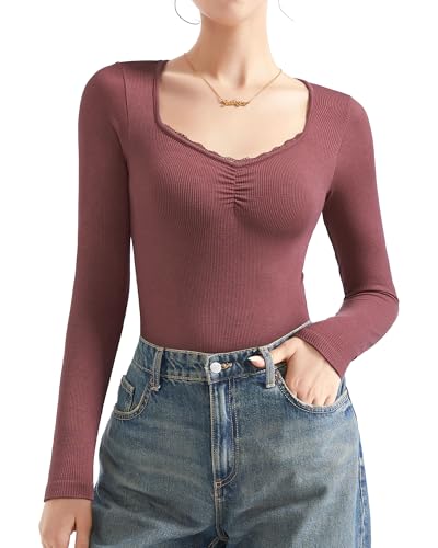 Image of SUUKSESS Women Sweetheart V Neck Long Sleeve Tops Lace Trim Ribbed Modal Fall Going Out Shirts