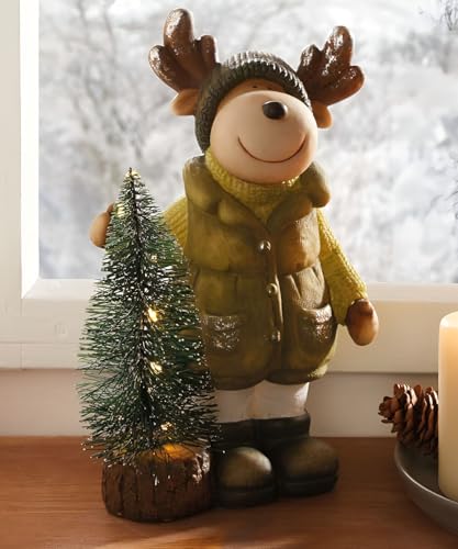 Dekoleidenschaft Dekofigur Elch mit Tanne mit LED Beleuchtung, Polyresin, 25 cm hoch, Weihnachtsdeko, Leuchtdeko, Winterdeko