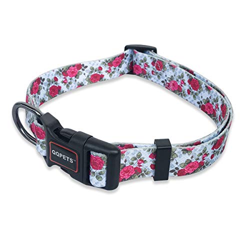 QQPETS Dog Collar Personalized Adjustable Basic Soft Comfortable Collars for Puppy Puppies Small Medium Large Dogs Cats Nylon Heavy Duty Outdoor Training Walking Running Hiking Rose Flower Pattern