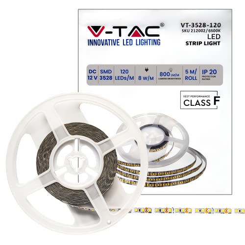 Tiras Led 5 Metros V-TAC Tira LED 5 Metros 8W SMD 3528 - 6400K Blanco Frío - Tira de LED Brillante - Tira LED Interior con Cinta Adhesiva y...
