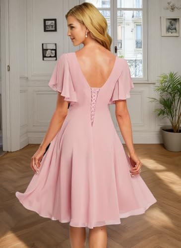 Chiffon Pleated Flutter Sleeves Bridesmaid Dresses for Wedding V Neck Short Formal Dress BM0112