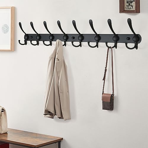 Dseap Coat Rack Wall Mount - 74cm Long 8-Tri-Hooks, Heavy Duty, Stainless Steel, Metal Coat Hanger Rail Wall Hooks for Coats Hats Clothing Clothes Purse Mudroom Entryway, Black