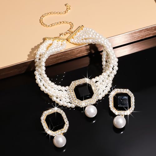 JNF Gold Plated Pearl Choker Collar Necklace for Women Crystal Rhinestone Pearl Statement Necklace and Earrings Bridal Pearls Diamond jewelry Set for Wedding3