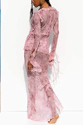 Women Y2K Ruffle Mesh 2 Piece Skirt Set Sheer Sleeveless Tube Top Flower Ruffle Split Mini Skirt Streetwear Outfits3