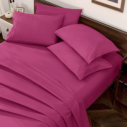 Image of Horbaunal Hot Pink Queen Size Sheet Set - 6 Piece Luxury 1800 Thread Count Bedding Sheets & Pillowcases - 16 Inch Deep Pocket Microfiber Bedding Set - Soft & Wrinkle Bed Sheets