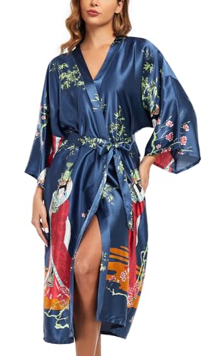BestWendding Women's Satin Kimono Robes Floral Patterned Long Bathrobe Silky Dressing Gown Bridesmaid Robes with 2 Pockets, Beauty Navy L