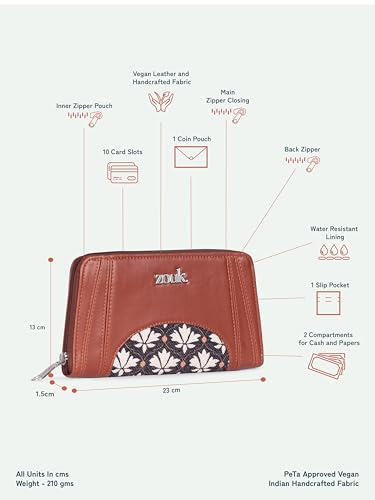 Image of ZOUK Arika Zipper Wallet for Women | Card Holder Wallet with 10 Card Slots, Coin Pouch & Cash Compartments | Purse for Women Stylish | Fits Phones up to 6.7 inch | Bidri Kaiser