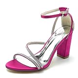 Women's Classic-Style Round-Toe Low-Heel Dress Pumps Embellished with Rhinestones – Comfortable Chunky Block Heel (3.34 Inches) Rose Red -  TarfiC