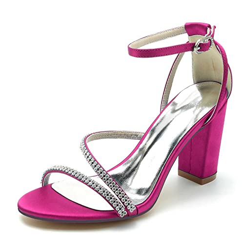 Women's Classic-Style Round-Toe Low-Heel Dress Pumps Embellished with Rhinestones – Comfortable Chunky Block Heel (3.34 Inches) Rose Red -  TarfiC