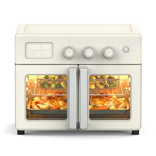 Martha Stewart French Door Air Fryer Toaster Oven Combo, 34QT Countertop Convection, 12-in-1, Bake, Broil, Roast, Fits 12” Pizza, Dehydrate, 5 Accessories, Air Fry Basket, Stainless Steel, Linen White
