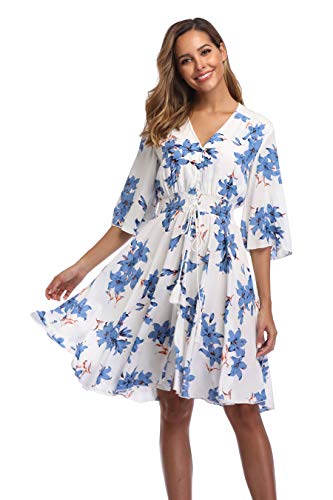 Image of VintageClothing Women's Floral Sundresses Flowy Boho Summer Beach Dress | Lightweight Breathable material,Elegant V Neck and Button Front Design,Flared Bell Sleeve Cut,Mini Casual dress