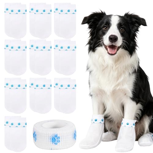 FVBKCOT 20 Pièces Chaussettes Jetables pour Chiens, Bottes Imperméables avec Bandage, Couvre-Pieds Blanc en Tissu Non Tissé, Protection des Pattes Contre Léchage