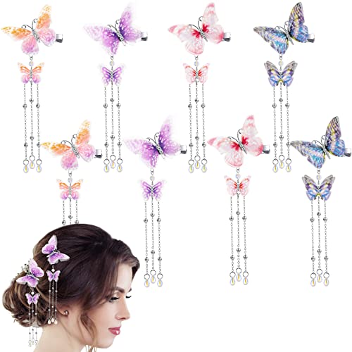 Bbto HAO-FBM-12175 8 Pcs Tassel Butterfly Hair Clips Halloween 3D Butterfly Hair Pins Cute Organza Hanging Ear Butterfly Hair Accessories cover