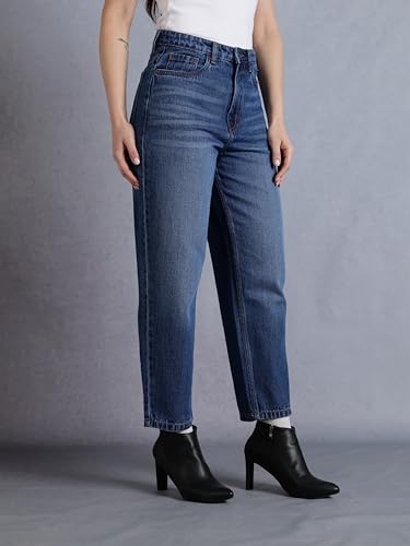 Image of INKD Women's Barrel Fit Jeans - 100% Cotton | High- Rise | Comfortable Fit | Casual Denims | Jeans for Women | Mom Fit Jean | Ankle Length Jean (Available in Plus Sizes)