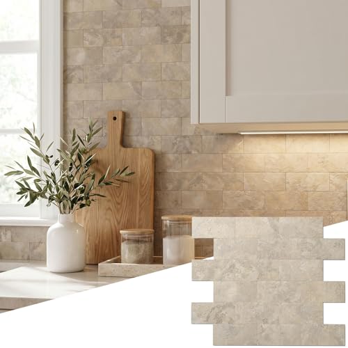 Reovatile 2026 New Upgrade Peel and Stick Backsplash Tile Peel and Stick 11.34 X 11.57 Wall Tile for Kitchen Bathroom Fireplace Laundry (Beige Ecru 10 Packs)