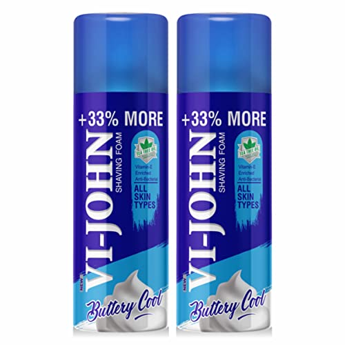 Image of VI- JOHN Shaving Foam For Men, All Skin Type Shaving Foam With Goodness of Nature, Tea Tree Oil, Vitamin E Enriched and Anti- Bacterial Formula (400gm Each- Pack of 2)