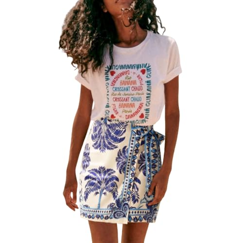 Talakeno Womens Summer Floral Wrap Short Skirt Tie Side High Waist A Line Beach Vacation Boho Mini Skirt(Blue,M)