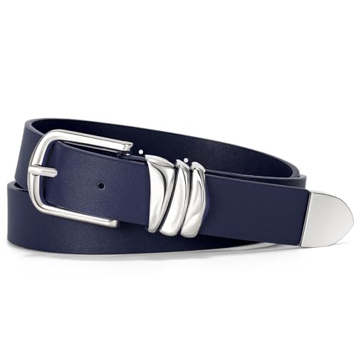 VONMELLI Women's Navy Blue Belt for Jeans Dress Leather Belt for Women Fashion Waist Ladies Belt with Sliver Buckle, S