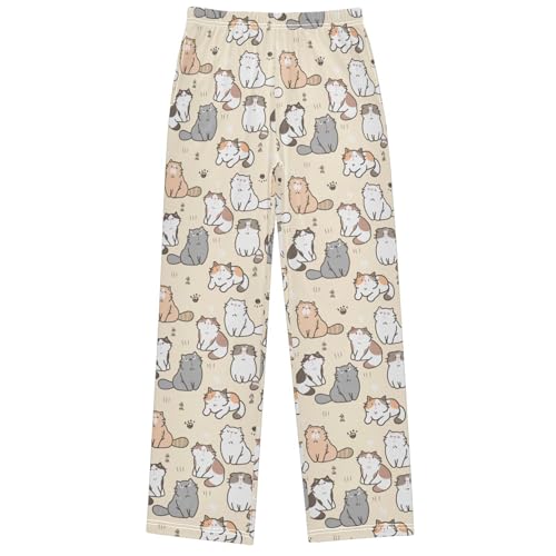Boy's Pj Pants Cute Cartoon Cat Light Yellow Lounge Bottoms Elastic Kids Sweatpants Joggers with Pockets Size 6-14
