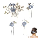 4 Stück Hochzeit Haarschmuck, Blumenhaarnadeln, Strass Haarkämme, Haarschmuck Blau, für Braut, Brautjungfern, Kommunion, Prom Und Partei