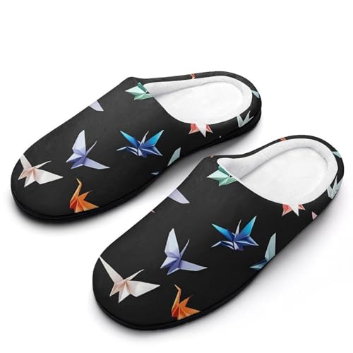 Colorful Paper Crane Mens Slippers Casual Slip On Warm House Shoes with Rubber Sole Indoor Outdoor 7-8?40-41?