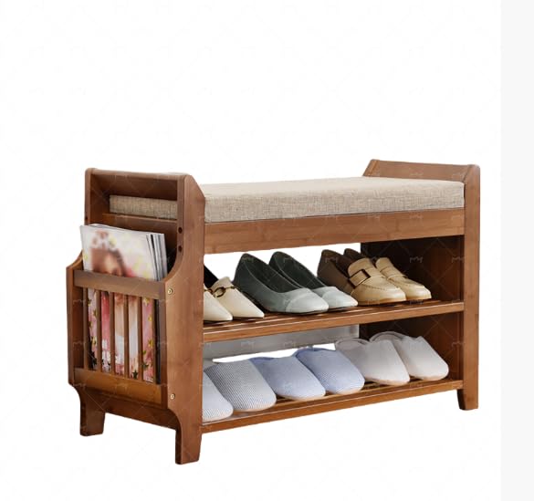 HAPPCUCOE 2 Tier Bamboo Shoe Rack Bench with Soft Cushioned Seat, Brown