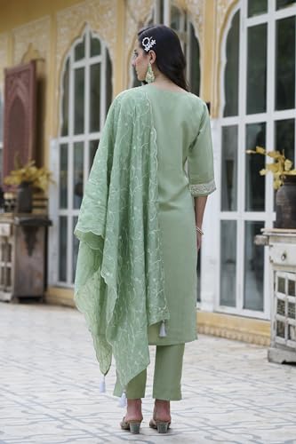 Image of VredeVogel Women's Silk Blend Kurta Pant Set with Chanderi Embroidery Work Dupatta