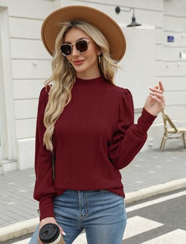 Image of JUSTFASHIONNOW Womens Fall Tops Turtleneck Long Sleeve Shirts Puff Sleeve Sweaters Trendy 2025 Ribbed Knit Pullover Sweater