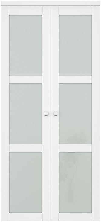 Bi-Fold Pivot Doors for 36 x 80 Opening, 3-Lite Tempered Frosted Glass Closet Door with Two Hardware Kits, MDF Panel Folding Interior Double Doors Easy to Install - White
