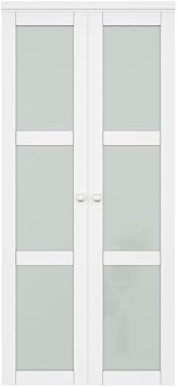 Bi-Fold Pivot Doors for 36 x 80 Opening, 3-Lite Tempered Frosted Glass Closet Door with Two Hardware Kits, MDF Panel Folding Interior Double Doors Easy to Install - White