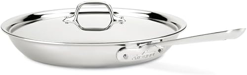 All-Clad D3 - Utensilios de cocina inoxidables sartén de 12 pulgadas con tapa acero inoxidable de tres capas grado profesional plata modelo 41126