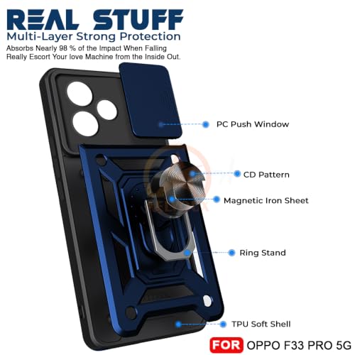 Image of Armor Bumper Back Cover Case for Oppo F33 Pro 5G Rotating Camera Cover, Ring Holder & Kickstand | Heavy Duty & 360 Degree Protection Oppo F33 Pro 5G Back Cover (Blue)