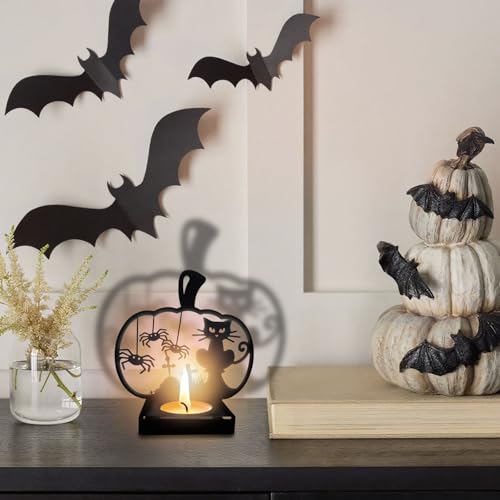 Halloween Shadow Candle Holders Pumpkin Cat Candle Shadow Spooky Metal Candlestick Holders Decorations Vintage Tealight Candle Holders with Shadow for Halloween Party Supplies