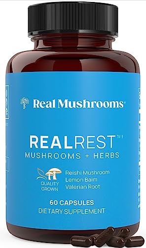 Real Mushrooms RealRest 60ct Reishi Mushroom Capsules for Relaxation - Organic with Lemon Balm Herb Sleep Support Supplement Complex Rest Immune