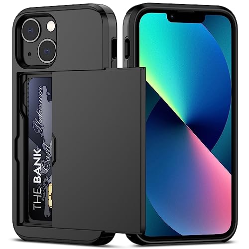 Nvollnoe for iPhone 13 Mini Case with Card Holder Heavy Duty Protective Dual Layer Shockproof Hidden Card Slot Slim Wallet Case for iPhone 13 Mini for Men&Women(Black)