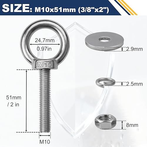 Image of 4 Pack M10 Stainless Steel Eye Bolts with Nuts, 3 /8 inch x 2 inch Eye Bolts