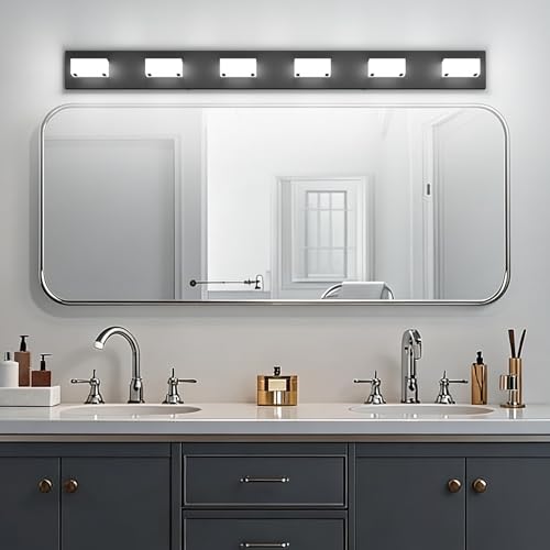 Image of Ralbay Black Bathroom Vanity Lights 48inch Metal Acrylic LED Modern Bathroom Wall Lighting Fixtures Matte Black (White Light 6000K, Non-dimmable)