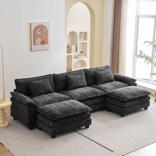 Image of Oprisen 120 inch Modular Sectional Sofa, Comfy Cloud Couch Sectional Sofa with Ottoman, Chenille Sofa Sleeper Deep Seat Sofa with Throw Pillows for Living Room (Black, 120 inch- U Shape)