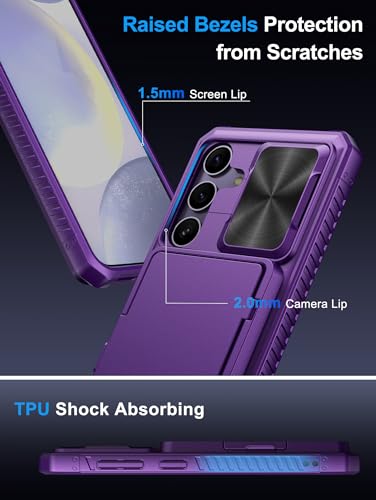 Image of Vihibii for Samsung Galaxy S24 Back Cover with Card Holder (4 Cards) & Slide Camera Cover & Kickstand, Shockproof Rugged Hard Back & TPU Soft Edge Case for Galaxy S24, Dark Purple
