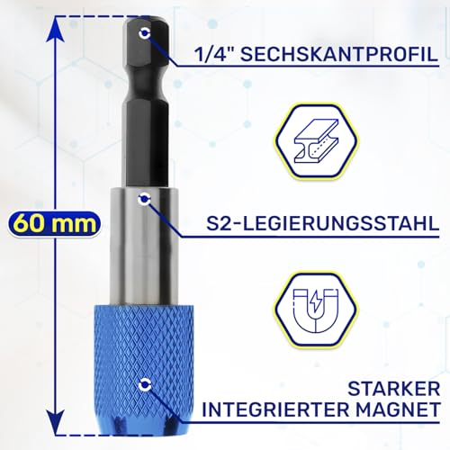 2 Stück Bithalter Magnetisch 1/4 x 60 mm mit Aluminium Bit Blocker - Bit Halter Universal für Bohrmaschine und Akkuschrauber - Hergestellt aus Chrom-Vanadium-Stahl - MONTERAL
