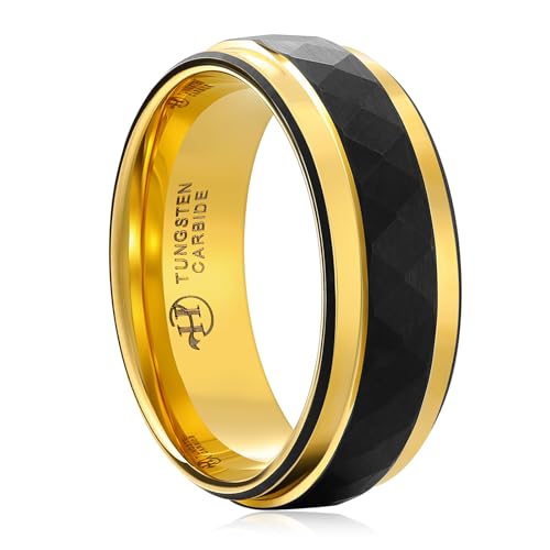 Black Tungsten Rings for Men - Rhombus Hammered Finish with Gold Edge, Comfort Fit, Hypoallergenic Wedding Bands