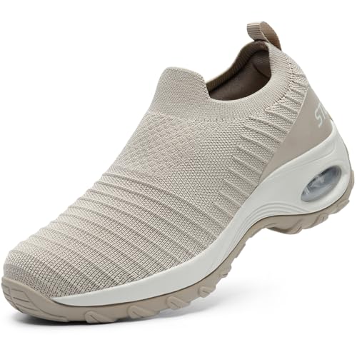 STQ Slip on Sneakers Women Comfortable Sock Walking Shoes for Standing All Day Arch Support Plantar Fasciitis Shoes Taupe 9 US