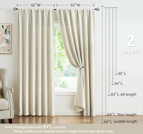 Image of Treatmentex Pom Pom Curtains for Bedroom Windows 84 inch Energy Efficient Thermal Insulated Living Room Darkening Curtain Panels for Kitchen Nursery Room Ivory 52 inch w x2 Panels Rod Pocket