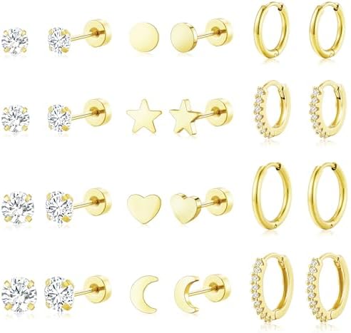 Adoyi Gold Hoop Earrings Set for Women 14K Gold Plated Chunky Twisted Gold Hoops Hypoallergenic Cubic Zirconia Small Huggie Hoop Earrings Pack for Girls Gift Lightweight